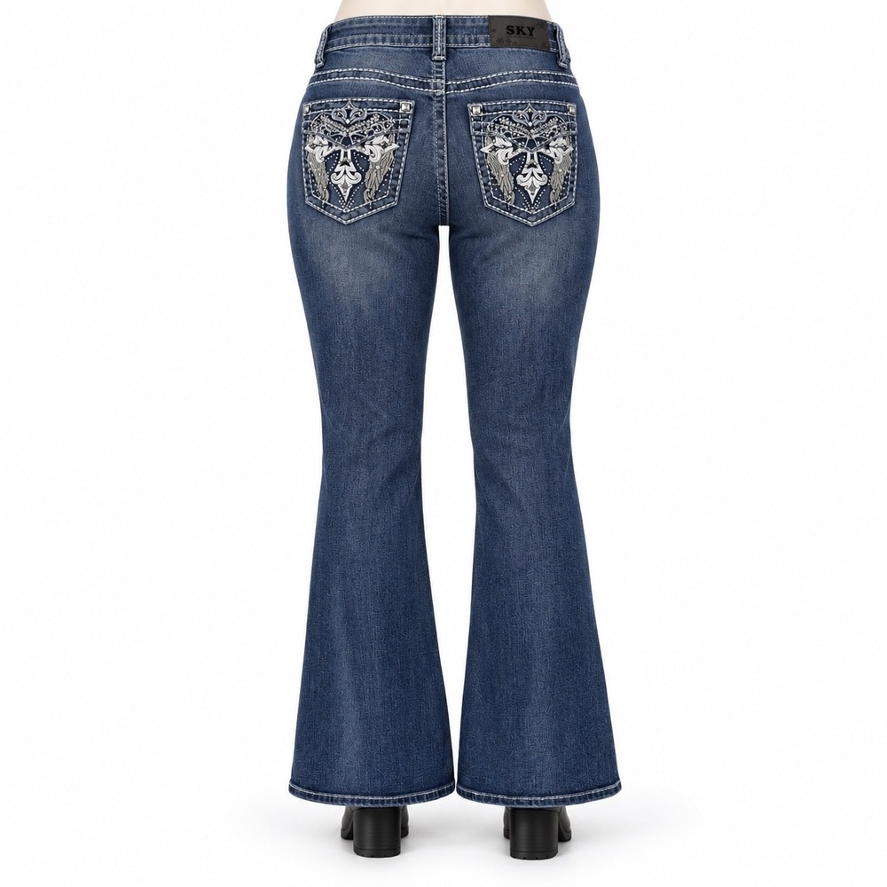 SKY Premium Collection Womens Flare Jeans Rhinestone Embellished Dark Wash 7/8